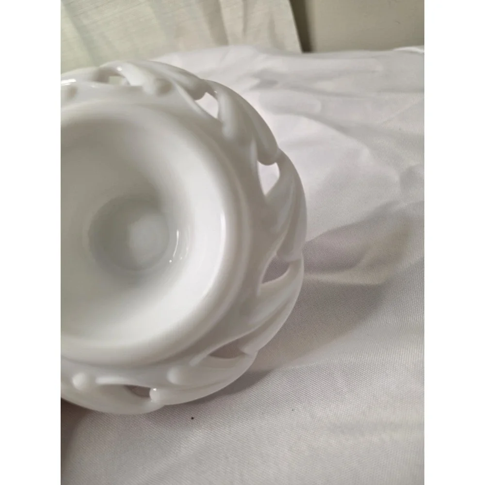 Pair Of Anchor Hocking Old Colony Milk Glass Lace Edge Taper Candle Holders